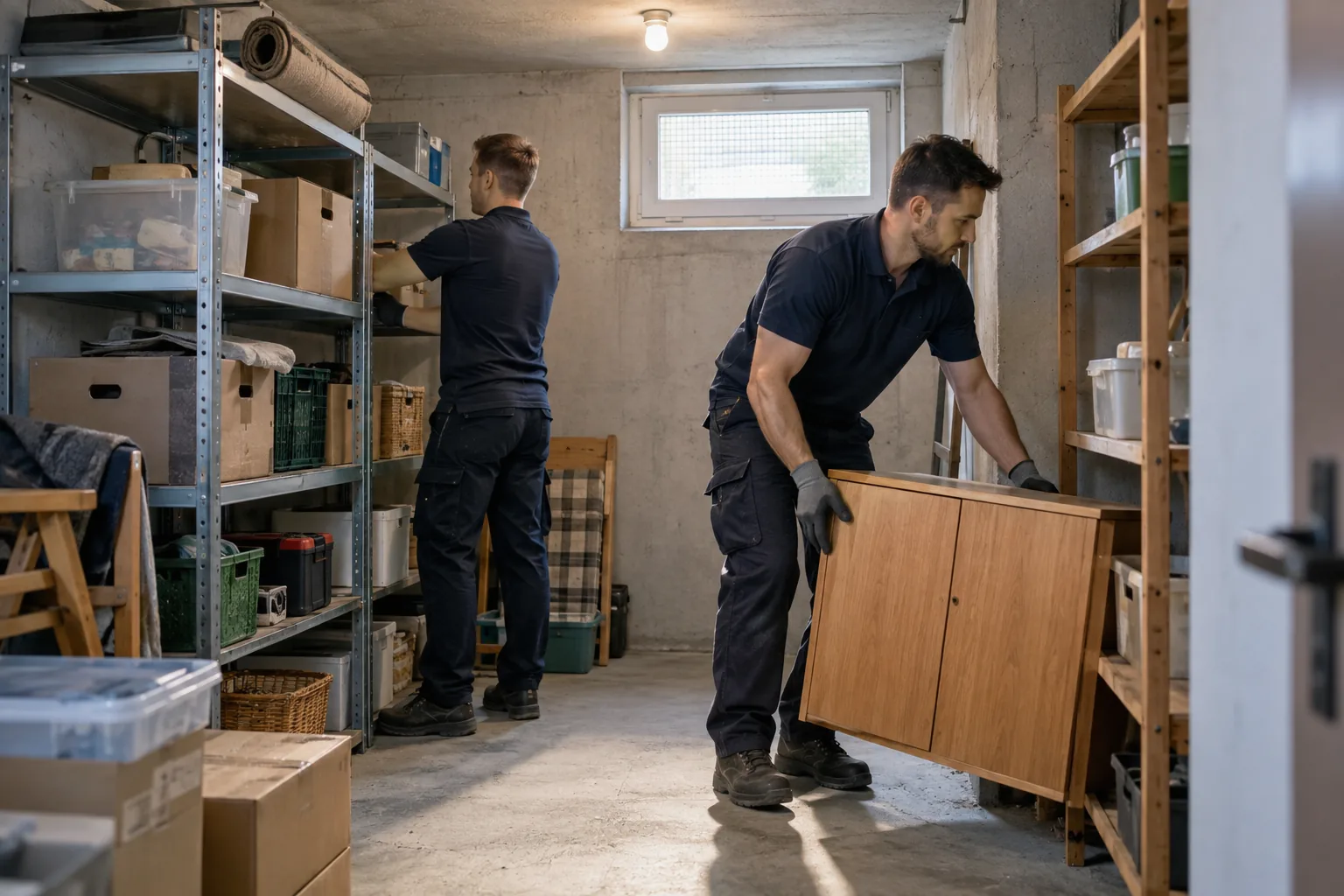 Zwei Mitarbeiter räumen einen Keller mit Regalen und Kartons