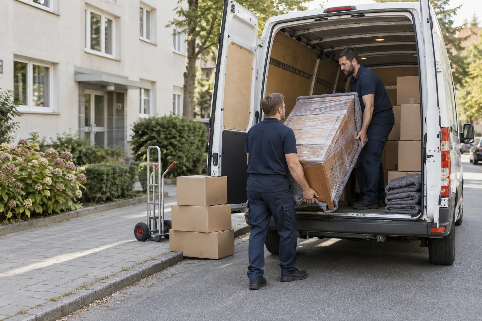 Zwei Mitarbeiter laden ein Möbelstück in einen Transporter