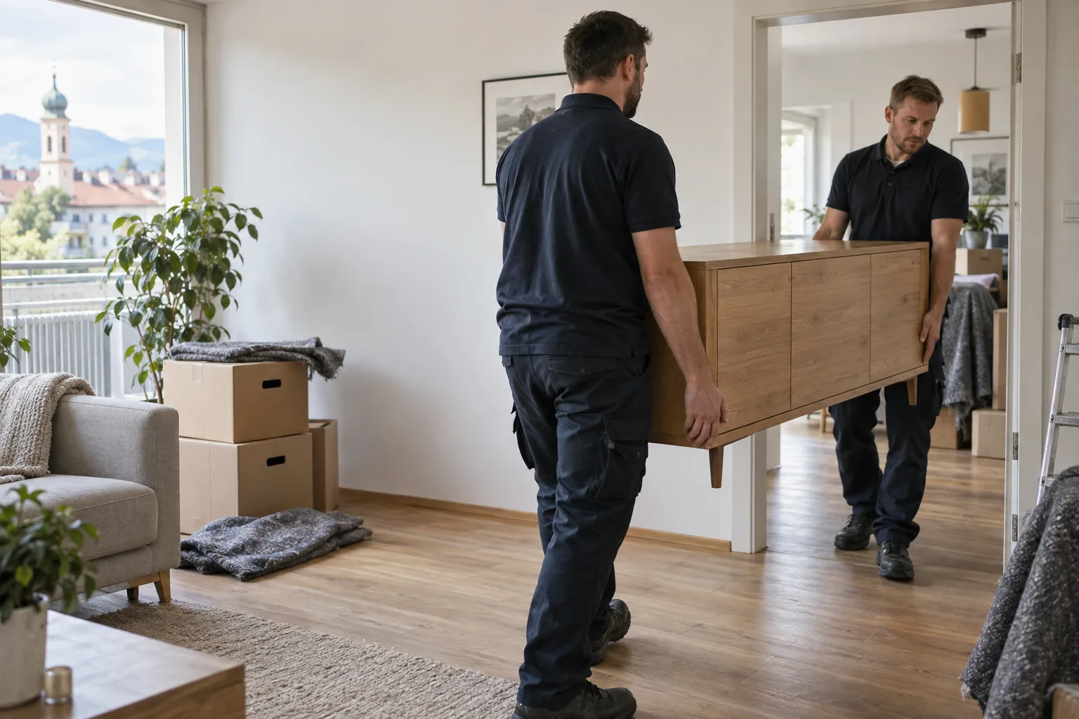 Zwei Mitarbeiter tragen ein Möbelstück sorgfältig durch eine Wohnung