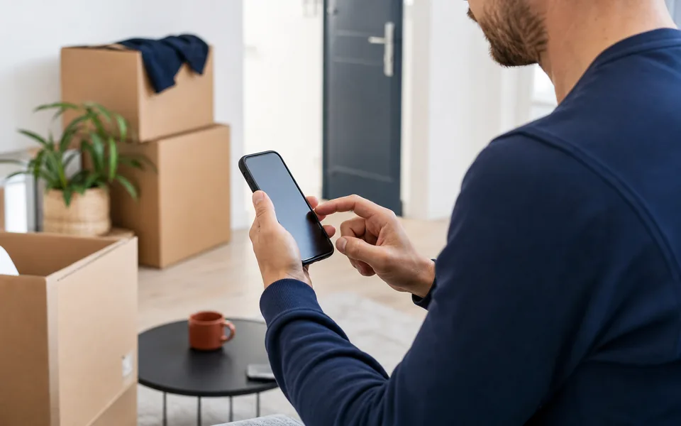Anfrage per Smartphone mit Umzugskartons im Hintergrund