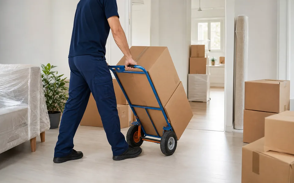 Umsetzung eines Umzugs mit Transportkarre und Kartons